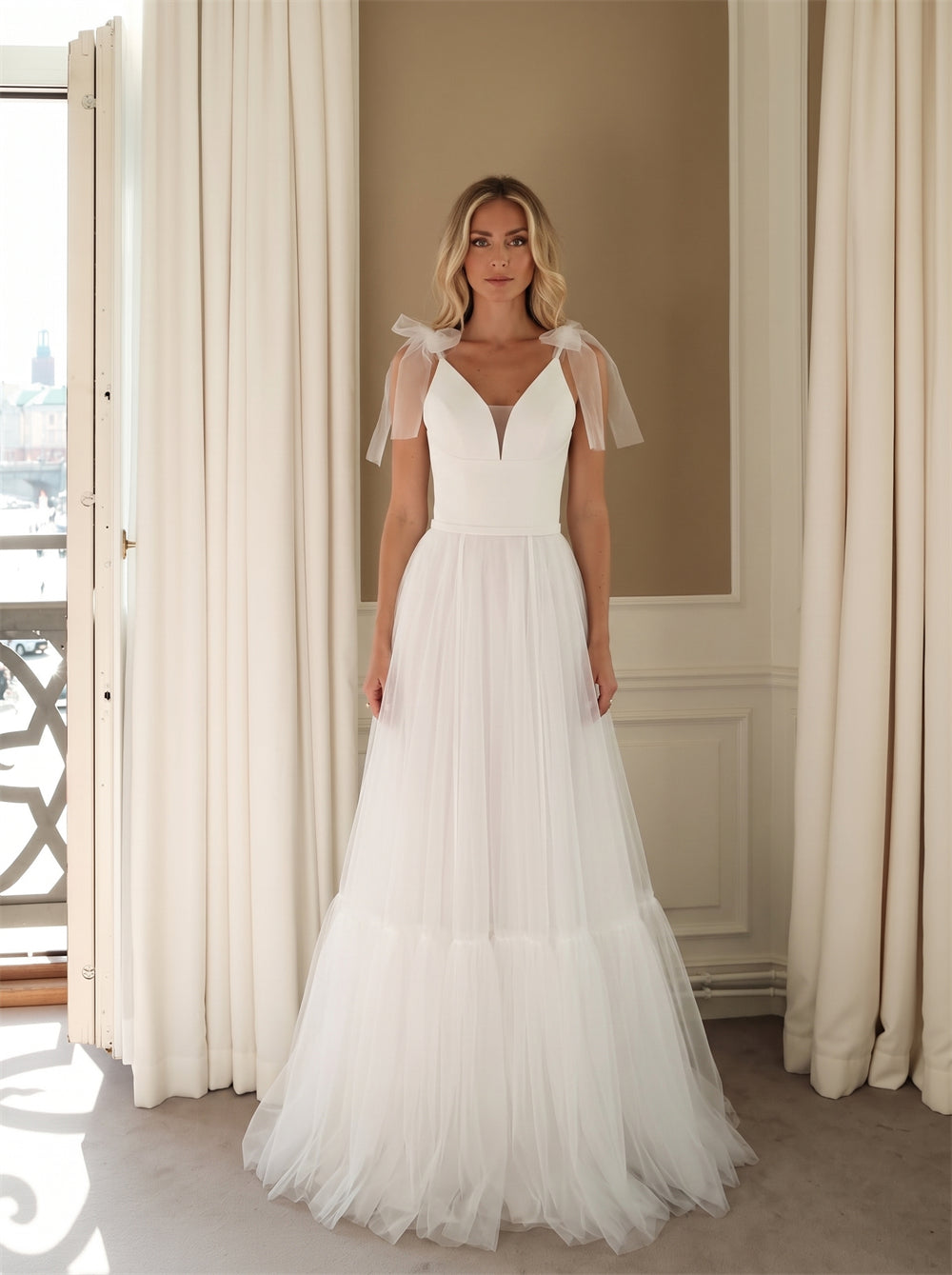 Wedding Dress Airy Tiered Tulle A Line Wedding Dress With Detachable Tulle Bow Shoulder Straps & Clean V Back