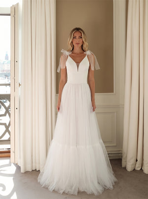 Wedding Dress Airy Tiered Tulle A Line Wedding Dress With Detachable Tulle Bow Shoulder Straps & Clean V Back