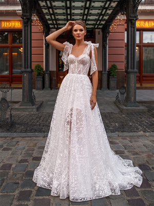 Spaghetti Strap Bow Tie Floral Lace Corset A Line Wedding Dress Square Back Cathedral Train Romantic Bridal Gown