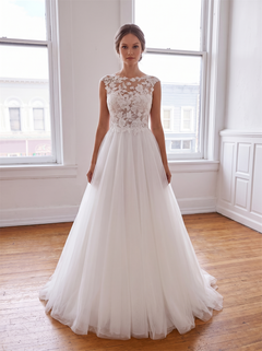 Cap Sleeve Floral Lace Tulle Wedding Dress Illusion Plunge Neck Deep V Back A Line Romantic Bridal Gown