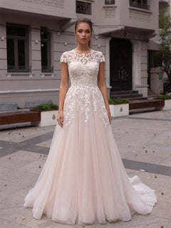 Cap Sleeve Illusion High Neck Floral Lace Champagne Tulle Wedding Dress V Back Corset A Line Train Bridal Dress