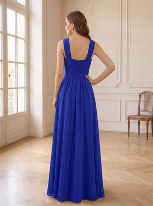 Cross Halter Pleated Chiffon Bridesmaid Dress Square Low Back Hidden Zipper Floor Length Royal Blue Formal Wedding Guest Evening Gown