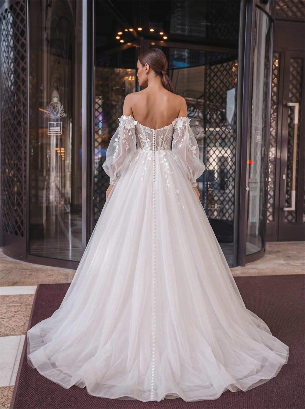Off Shoulder Puff Sleeve 3D Floral Lace Pearl Button Tulle Ball Gown Wedding Dress Bridal Dress