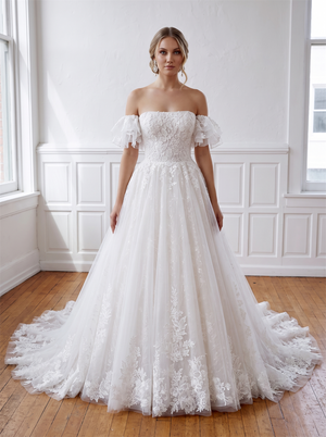 Off The Shoulder Ruffle Sleeve Floral Lace Tulle Ball Gown Wedding Dress Straight Sweetheart Neck Bridal Gown