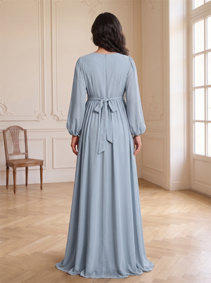 Long Bubble Sleeve Round Neck Pleated Chiffon Maternity Bridesmaid Dress Self Sash Tie Waist Dusty Blue Formal Baby Shower Wedding Guest Gown