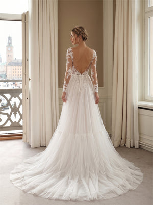 Wedding Dress Boho Tiered Tulle A Line Wedding Dress With Floral Lace Long Sleeves & Side High Slit