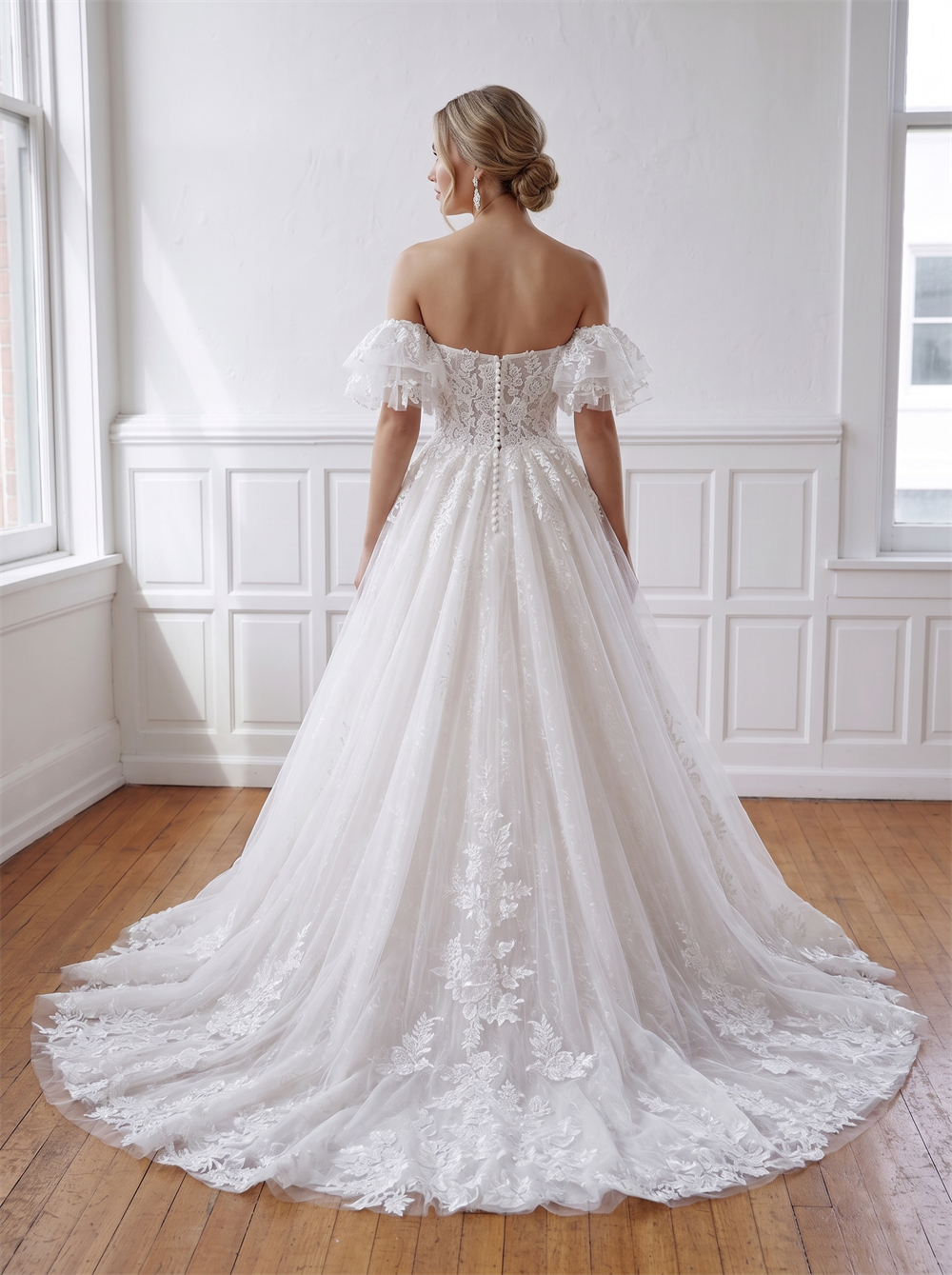 Off The Shoulder Ruffle Sleeve Floral Lace Tulle Ball Gown Wedding Dress Straight Sweetheart Neck Bridal Gown