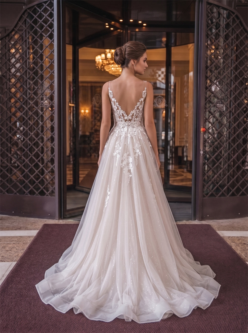Sheer Illusion Neck Sleeveless Glitter Tulle Wedding Dress Floral Lace Deep V Back A Line Sweep Train Bridal Dress