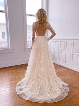 Illusion Boat Neck Long Sleeve Floral Lace Tulle A Line Wedding Dress Open Back All Over Lace Trim Bridal Gown