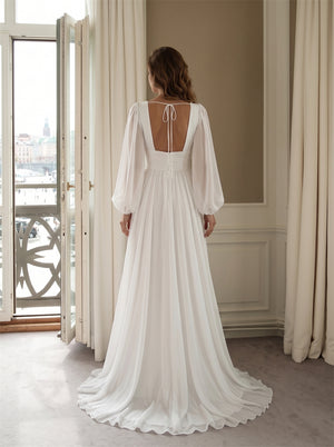 Wedding Dress Minimalist Flow Chiffon A Line Wedding Dress With Puff Balloon Sleeves & Self Tie Square Back