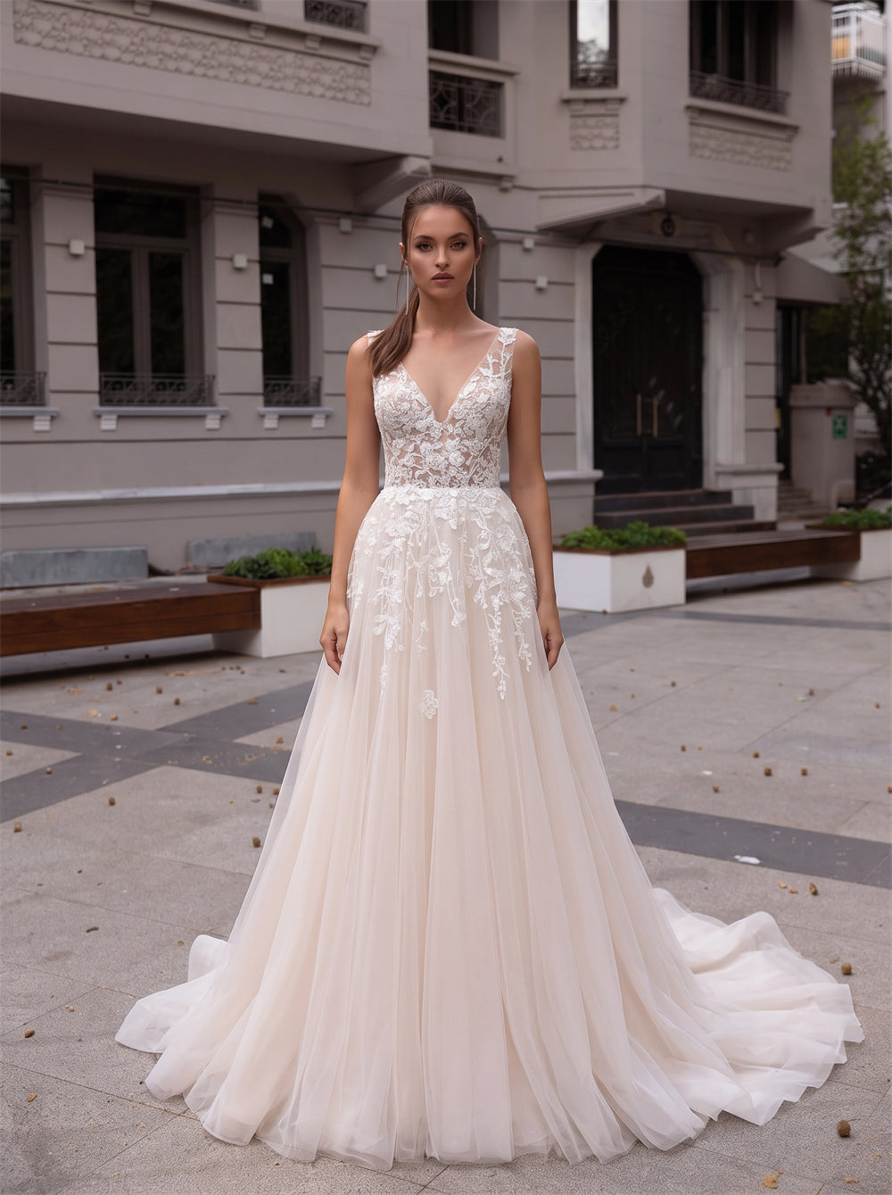 Spaghetti Strap Deep V Floral Lace Champagne Tulle Wedding Dress Low Open Back A Line Long Train Bridal Dress