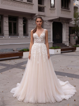 Spaghetti Strap Deep V Floral Lace Champagne Tulle Wedding Dress Low Open Back A Line Long Train Bridal Dress