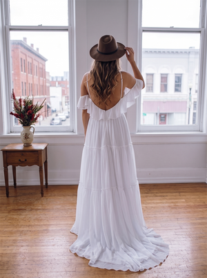 Off The Shoulder Ruffle Spaghetti Strap Chiffon Tiered Maxi Wedding Dress Deep V Back Soft Bohemian Bridal Gown