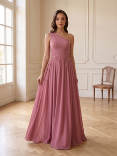 One Shoulder Cross Ruched Waist Chiffon Bridesmaid Dress Hidden Back Zipper Flowy A-Line Floor Length Dusty Mauve Formal Wedding Guest Evening Gown