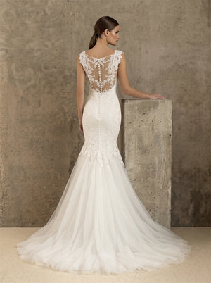 Jewel Neck Cap Sleeve Floral Lace Illusion Back Tulle Mermaid Wedding Dress Bridal Dress