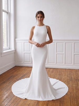 High Halter Sleeveless Crepe Mermaid Wedding Dress Floral Lace Illusion Back Bridal Gown