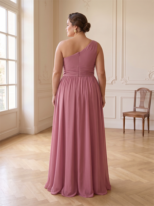 One Shoulder Cross Ruched Waist Chiffon Bridesmaid Dress Hidden Back Zipper Flowy A-Line Floor Length Dusty Mauve Formal Wedding Guest Evening Gown