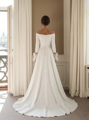 Wedding Dress Minimalist Solid Satin A Line Wedding Dress With Off Shoulder Long Tulle Cuff Sleeves & Pearl Placket Back