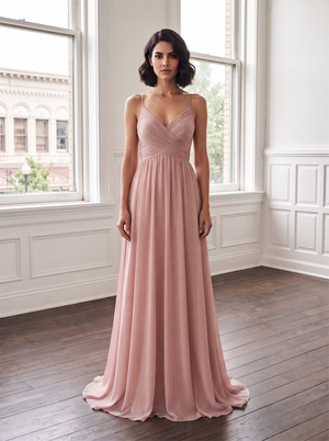 Spaghetti Strap V Neck Cross Ruched Chiffon Bridesmaid Dress Lace Criss Cross Open Back Dusty Rose Formal Wedding Guest Evening Gown