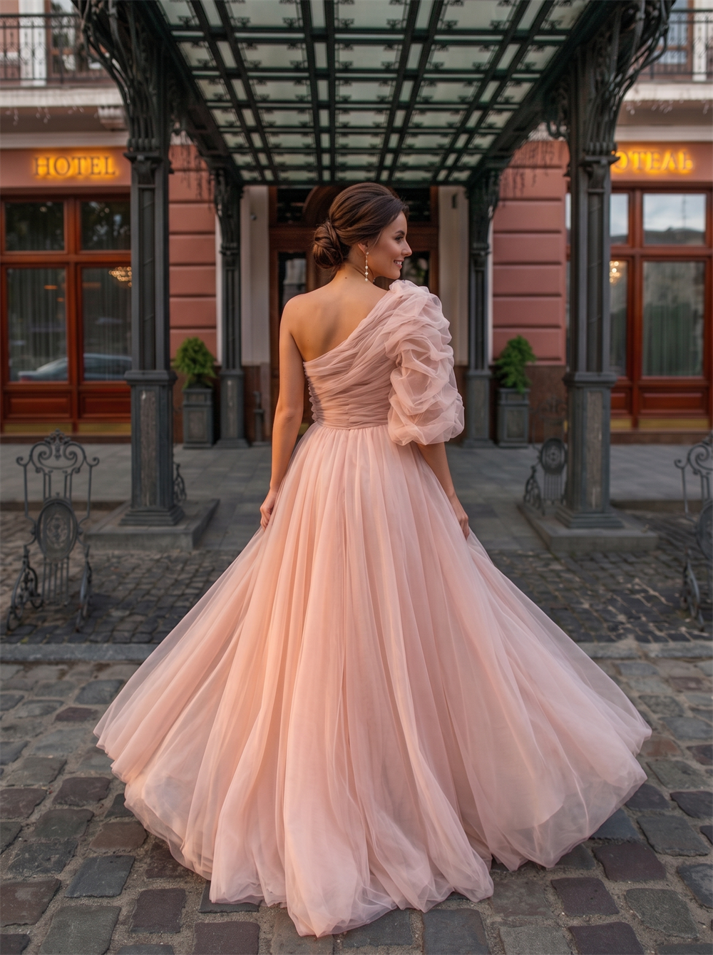 One Shoulder Puff Sleeve Dusty Pink Tulle A Line Evening Dress Ruched Bodice Floor Length Prom Dress