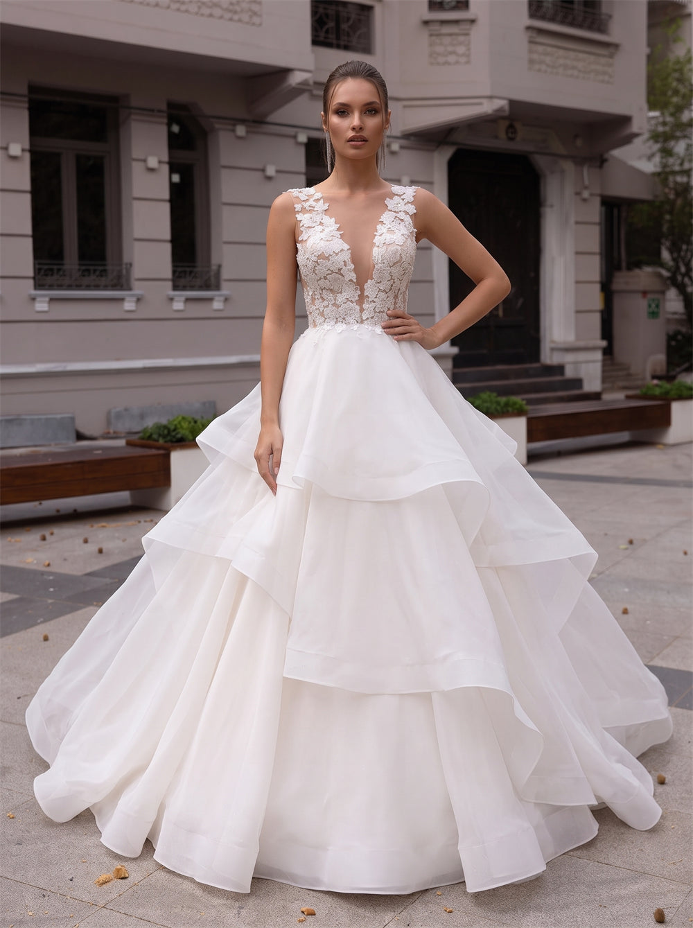 Sleeveless Deep V Floral Lace Organza Tiered Ball Gown Wedding Dress Illusion Back Pearl Button Sweep Train Bridal Gown