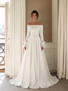 Wedding Dress Minimalist Solid Satin A Line Wedding Dress With Off Shoulder Long Tulle Cuff Sleeves & Pearl Placket Back