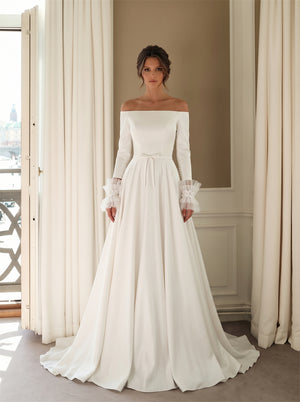 Wedding Dress Minimalist Solid Satin A Line Wedding Dress With Off Shoulder Long Tulle Cuff Sleeves & Pearl Placket Back
