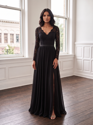 Long Sleeve Scalloped V Neck Lace Chiffon Bridesmaid Dress Satin Sash High Leg Slit Low Back Black Formal Wedding Guest Evening Gown