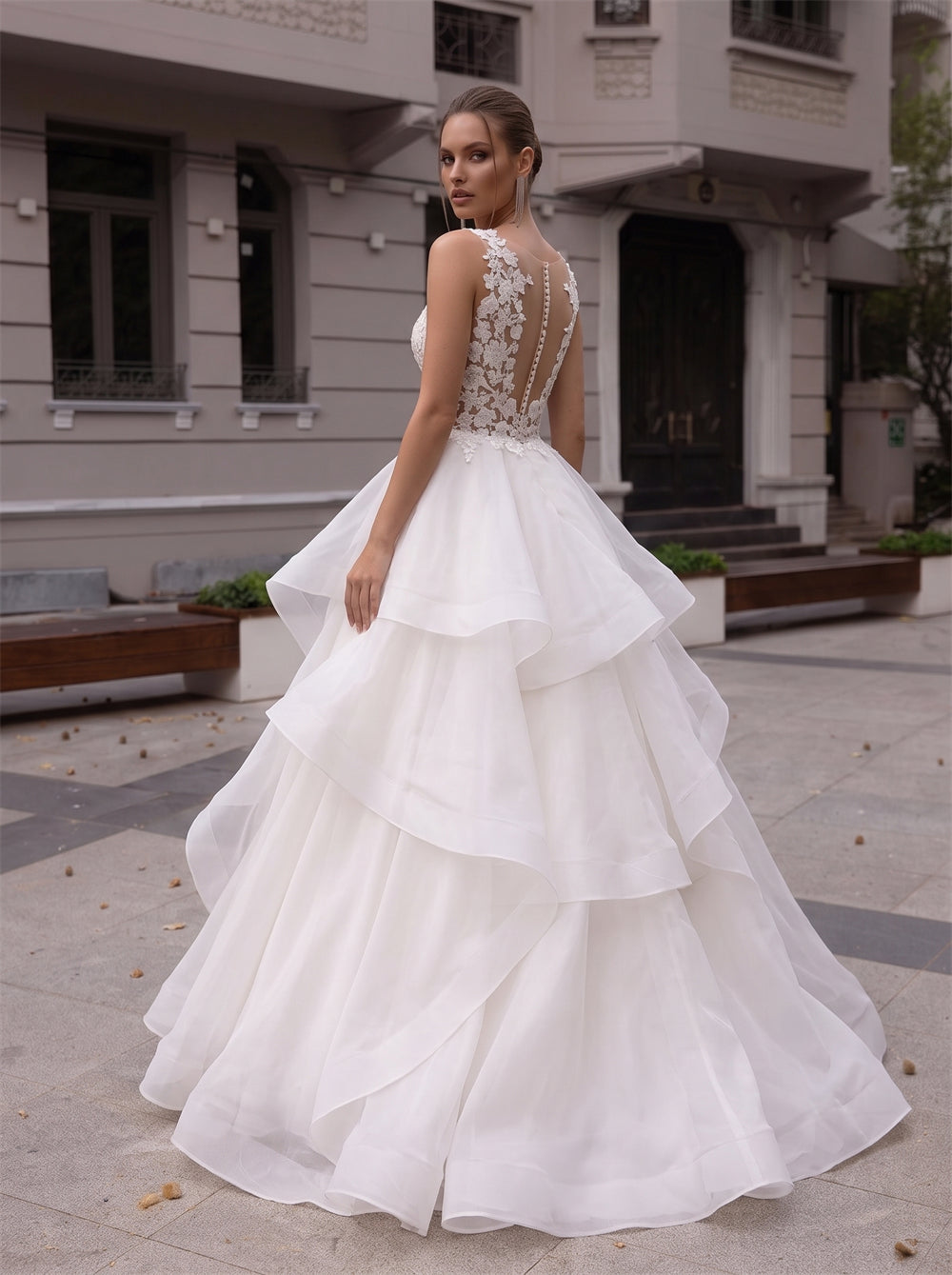 Sleeveless Deep V Floral Lace Organza Tiered Ball Gown Wedding Dress Illusion Back Pearl Button Sweep Train Bridal Gown