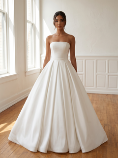 Strapless Straight Neck Satin Ball Gown Wedding Dress Thin Waistband Low Pleated Skirt Bridal Gown