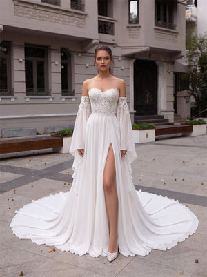 Off The Shoulder Bell Sleeve Lace Chiffon Wedding Dress Sweetheart High Slit Corset Back Court Train Bridal Gown