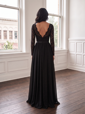 Long Sleeve Scalloped V Neck Lace Chiffon Bridesmaid Dress Satin Sash High Leg Slit Low Back Black Formal Wedding Guest Evening Gown