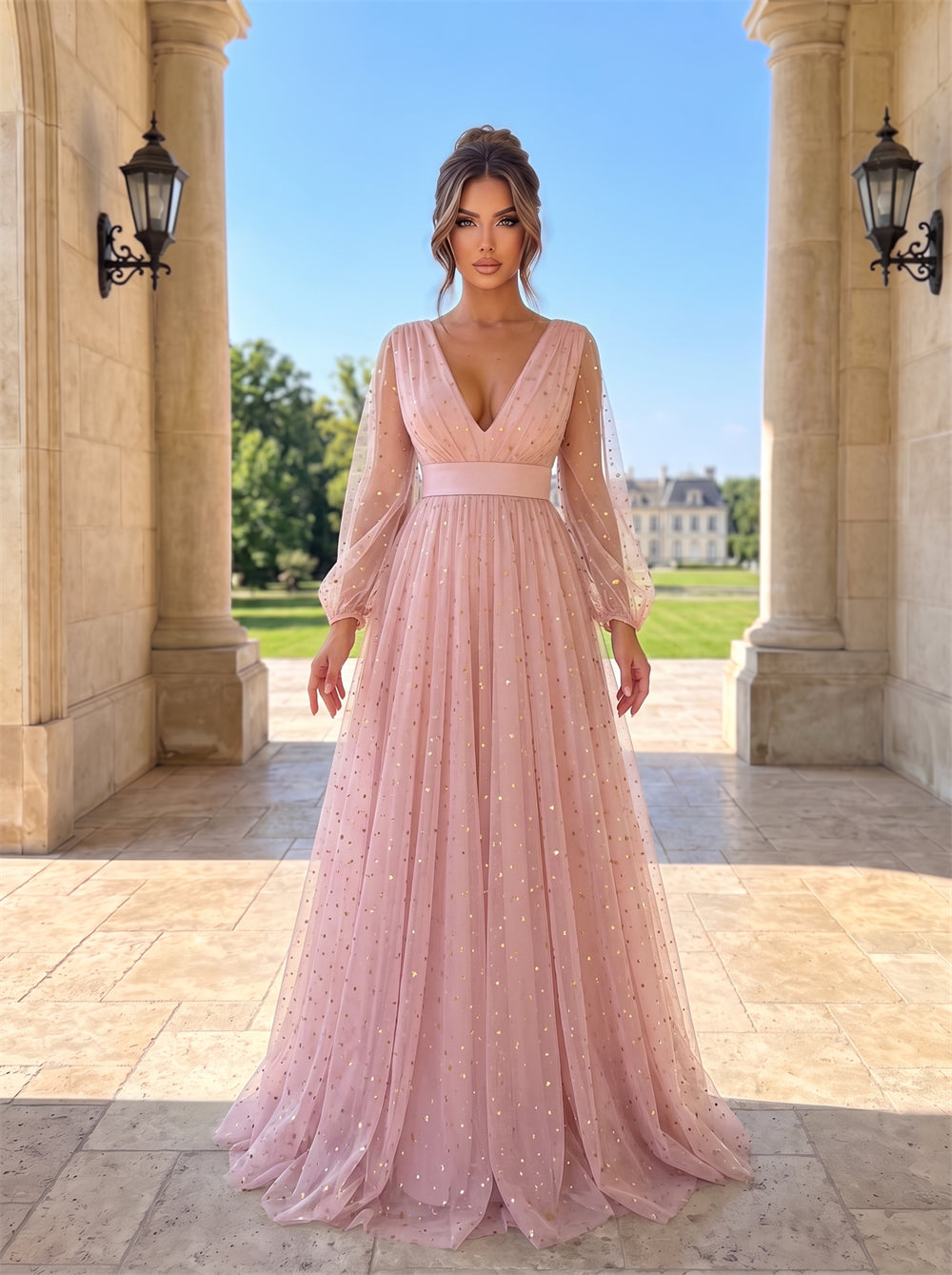 V Neck Long Puff Sleeve Gold Dot Glitter Tulle A Line Prom Gown