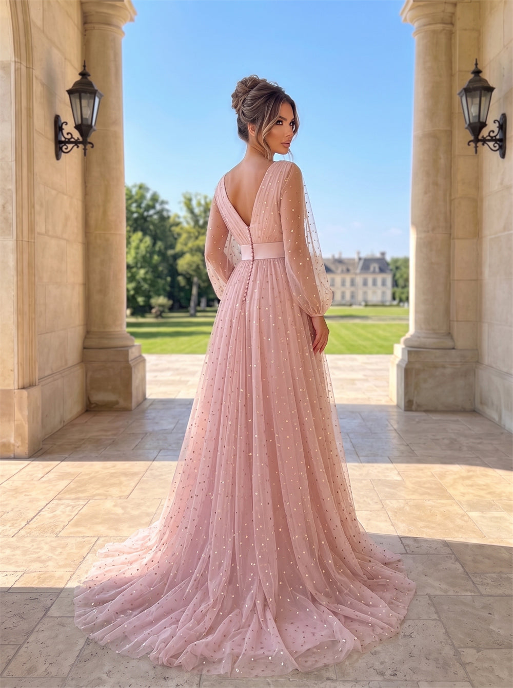 V Neck Long Puff Sleeve Gold Dot Glitter Tulle A Line Prom Gown