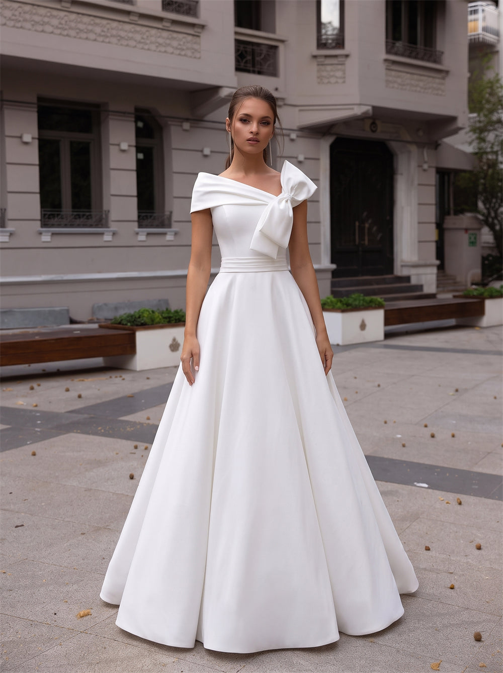 Off The Shoulder Satin Wedding Dress With Big Side Bow Vertical Pearl Button Back A Line Bridal Gown