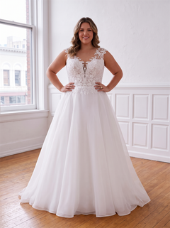 Cap Sleeve Floral Lace Plus Size Organza Wedding Dress Illusion V Neck Lace Up Back Soft Curvy Bridal Gown