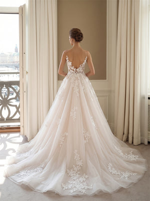 Wedding Dress Romantic Boho Tulle A Line Wedding Dress With Thin Spaghetti Straps & Scattered Floral Lace Appliques