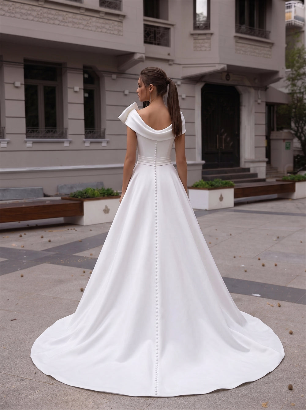 Off The Shoulder Satin Wedding Dress With Big Side Bow Vertical Pearl Button Back A Line Bridal Gown