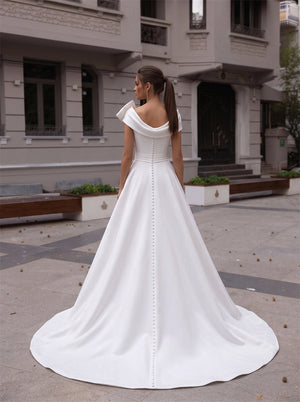 Off The Shoulder Satin Wedding Dress With Big Side Bow Vertical Pearl Button Back A Line Bridal Gown
