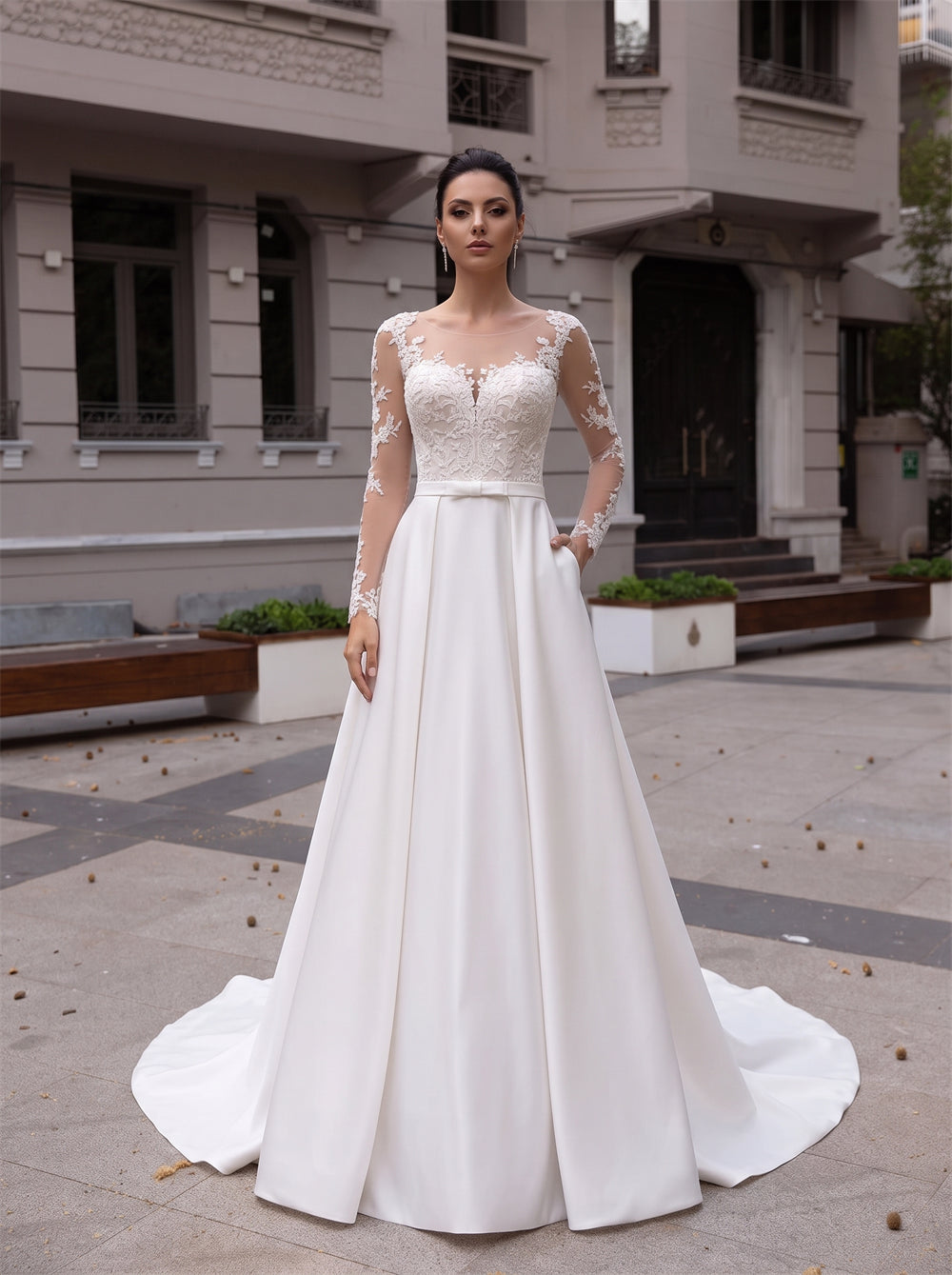 Illusion Long Sleeve Lace Satin Wedding Dress Back Bow Hidden Pockets A Line Bridal Gown