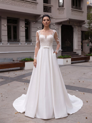 Illusion Long Sleeve Lace Satin Wedding Dress Back Bow Hidden Pockets A Line Bridal Gown
