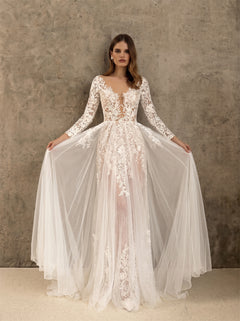 V Neck Long Bell Sleeve Illusion Back Lace Overlay Tulle Mermaid Wedding Dress Bridal Dress