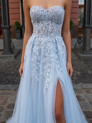Strapless Sweetheart Floral Lace Light Blue Tulle Ball Gown Evening Dress Lace-Up Back High Slit Prom Dress