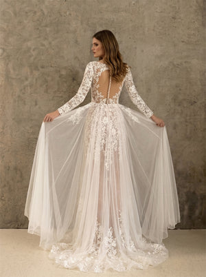 V Neck Long Bell Sleeve Illusion Back Lace Overlay Tulle Mermaid Wedding Dress Bridal Dress