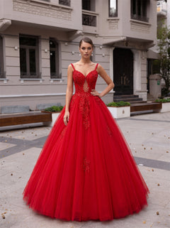 Spaghetti Strap Deep V Red Glitter Tulle Ball Gown Prom Dress Lace Applique Corset Back Quinceanera Dress