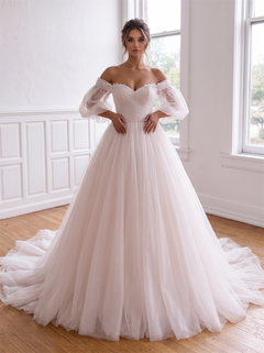 Off The Shoulder Puff Sleeve Tulle Ball Gown Wedding Dress Floral Lace Corset Back Crystal Bridal Gown