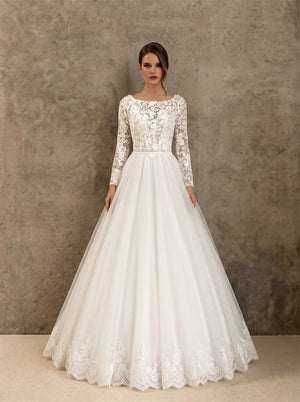 Wedding Dress Modest Lace Long Sleeve Tiered Airy Tulle A Line Wedding Dress With Bateau Neck & Crisscross Corset Back