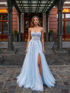 Strapless Sweetheart Floral Lace Light Blue Tulle Ball Gown Evening Dress Lace-Up Back High Slit Prom Dress