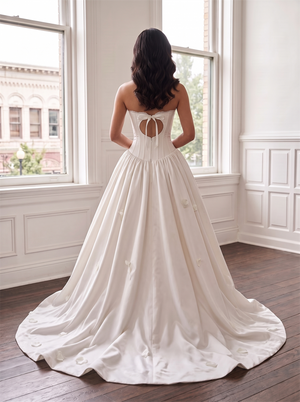 Strapless Corset Satin Wedding Dress Heart Cutout Back 3D Petal Ball Gown