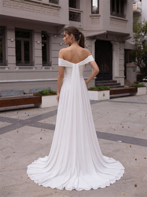 Off The Shoulder Ruched Chiffon Wedding Dress Sweetheart Back Drape A Line Bridal Gown